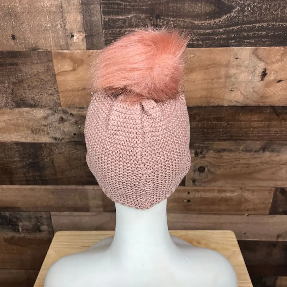 Neiman Marcus Hat Pom Beanie Pink Tan Blush Floral Embellished Bling One Size